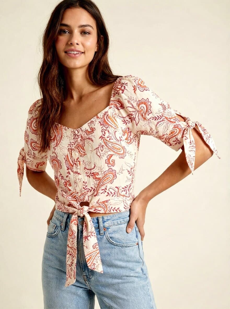 Front Knot Mock Button Down Crop Top